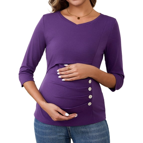 INSPIRE CHIC Womens V Neck Blouse 3/4 Sleeves Nursing Shirts Solid Ribbed Knitted Buttons Decor Ruched Maternity Tops Medium Purple