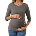 thumbnail image 1 of INSPIRE CHIC Womens V Neck Blouse 3/4 Sleeves Nursing Shirts Solid Ribbed Knitted Buttons Decor Ruched Maternity Tops Small Brown, 1 of 6