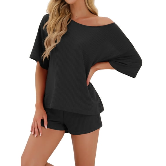 INSPIRE CHIC Women's Waffle Knit Pajama Round Neck Pjs Loungewear 2 Piece Lounge Sets M Black