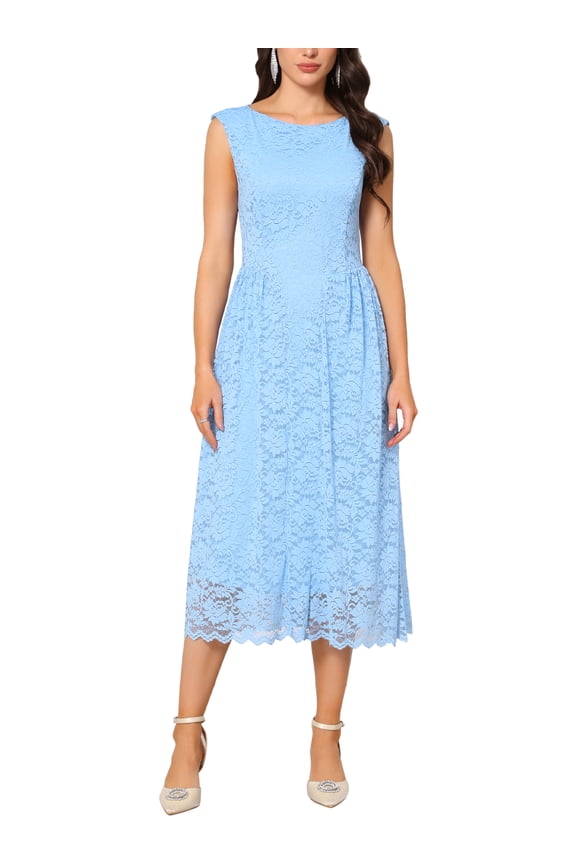 Easter Womens' Wedding Guest Lace Dress 2025 Boat Neck Vintage Formal Cocktail Midi Dresses 2XL Sky Blue