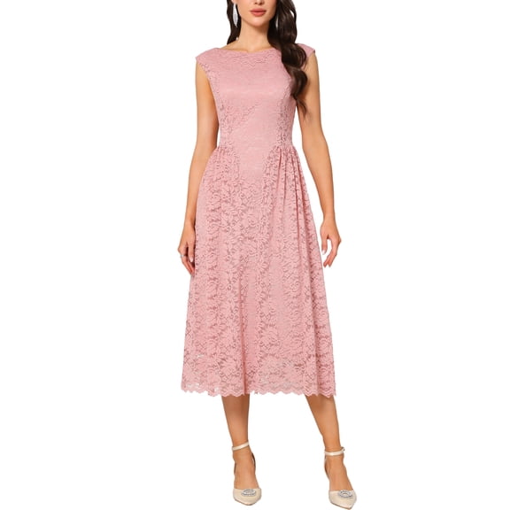 INSPIRE CHIC Womens' Wedding Guest Lace Dress 2025 Boat Neck Vintage Formal Cocktail Midi Dresses XL Blush Pink