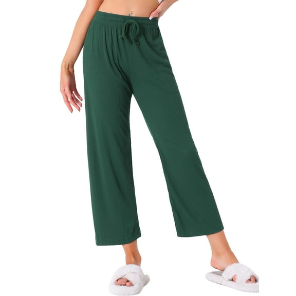INSPIRE CHIC Womens Wide Leg High Waist Pull on Ribbed Knit Casual Drawstring Palazzo Trousers Cropped Pants XS Dark Green