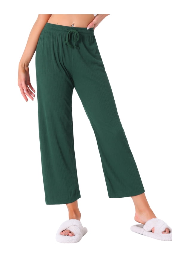 Womens Wide Leg High Waist Pull on Ribbed Knit Casual Drawstring Palazzo Trousers Cropped Pants XS Dark Green