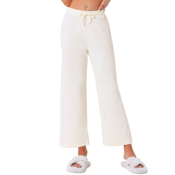 INSPIRE CHIC Womens Wide Leg High Waist Pull on Ribbed Knit Casual Drawstring Palazzo Trousers Cropped Pants XS White
