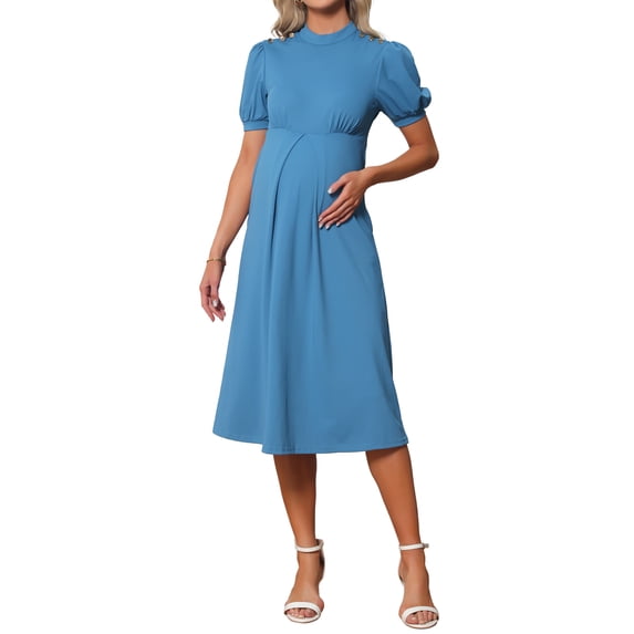 INSPIRE CHIC Women's Work Maternity Dresses Mock Neck Button Pleated Front Office A-Line Pregnancy Business Dress L Peacock Blue