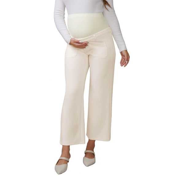 INSPIRE CHIC Maternity Work Pants Over the Belly with Pockets for Comfortable and Stylish Wear M Beige