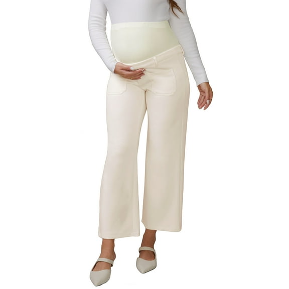 INSPIRE CHIC Womens Work Maternity Pants Business Stretchy Over the Belly Formal Pregnancy Trousers with Pockets M Beige