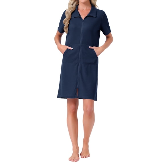 INSPIRE CHIC Womens Zipper Robes Waffle Short Sleeves Knee Length Lightweight House Coat Sleepwear Bathrobe with Pockets S Blue
