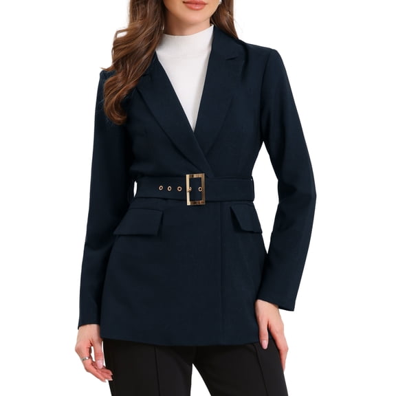 INSPIRE CHIC Work Blazer for Women Business Long Sleeve Collared Dressy Casual Belted Suit Jacket XS Navy Blue