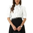 thumbnail image 1 of INSPIRE CHIC Women's Bow Tie Solid Color Puff Short Sleeve Button Down Bodysuit Blouse XS White, 1 of 6