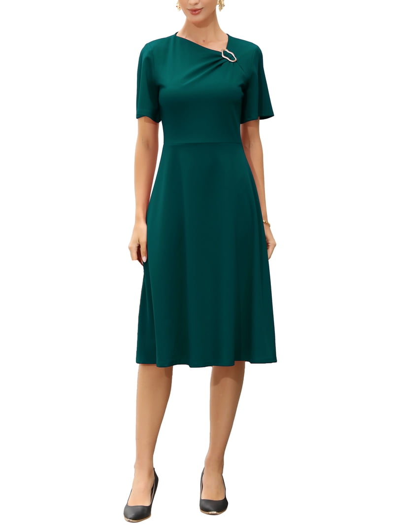 INSPIRE CHIC Work Dress for Women A-Line Short Sleeve Business Elegant Midi Dresses XS Dark Green