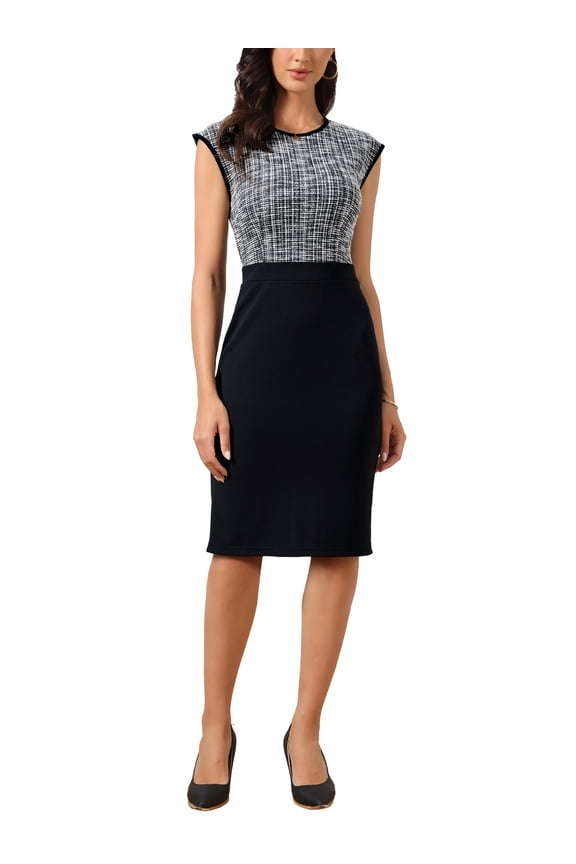 Work Dress for Women Tweed Crew Neck Sleeveless Patchwork Office Business Bodycon Sheath Dresses L Black
