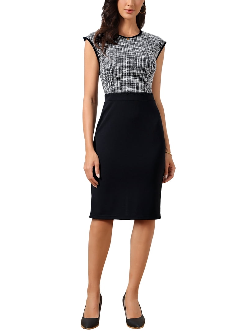 Inspire Chic Women's Sheath Dress CrewNeck Sleeveless HighWaist Patchwork Pencil Work Dress Black M, Size: Medium