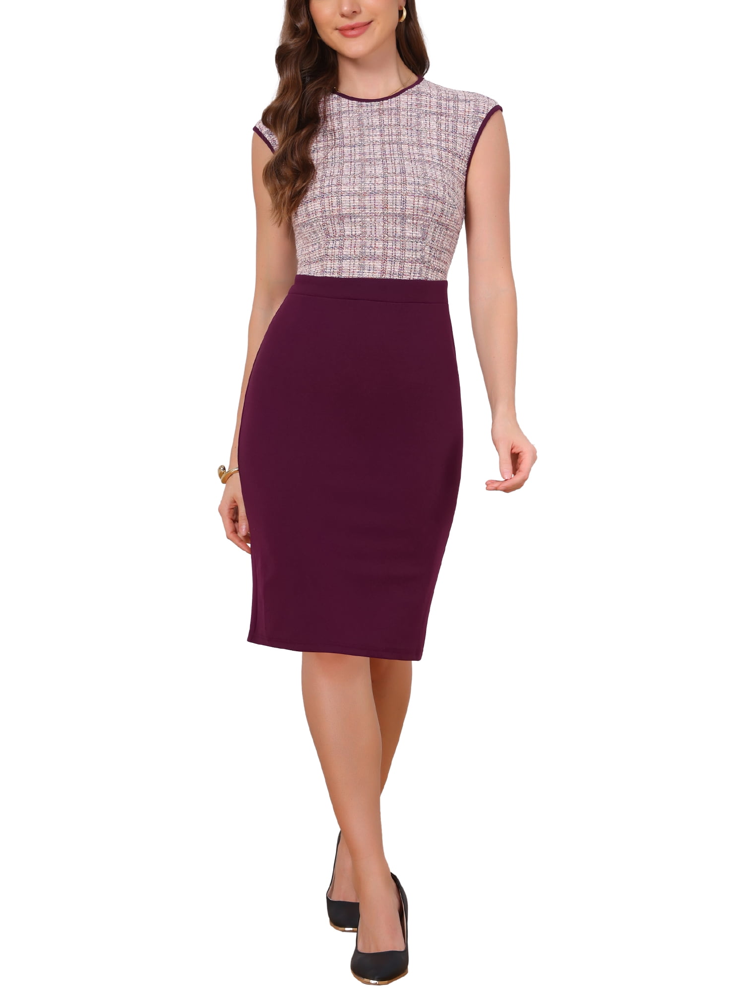 INSPIRE CHIC Women's Sheath Dress Crew‑Neck Sleeveless High‑Waist Patchwork Pencil Work Dress Burgundy S