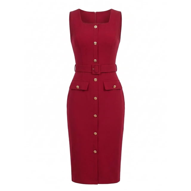 INSPIRE CHIC Work Dress for Women's Sleeveless Square Neck Formal Belted Bodycon Midi Dress XS Red