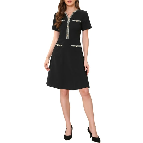 INSPIRE CHIC Women's Dress Work V Neck Short Sleeves Tweed Trim Dressy Office A-Line Dress XS Black