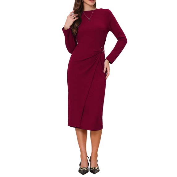 INSPIRE CHIC Work Dresses for Women 2026 Long Sleeve Wrap Ruched Bodycon Church Business Office Sheath Midi Dress L Dark Red
