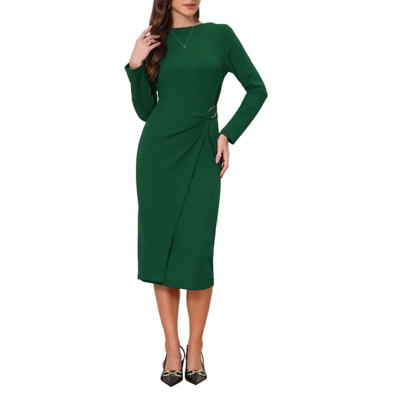 INSPIRE CHIC Work Dresses for Women 2026 Long Sleeve Wrap Ruched Bodycon Church Business Office Sheath Midi Dress M Dark Green