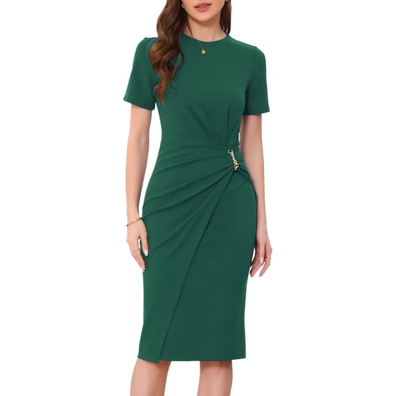 INSPIRE CHIC Work Dresses for Women Crew Neck Short Sleeve Business Office Sheath Wrap Dress 2026 S Deep Green