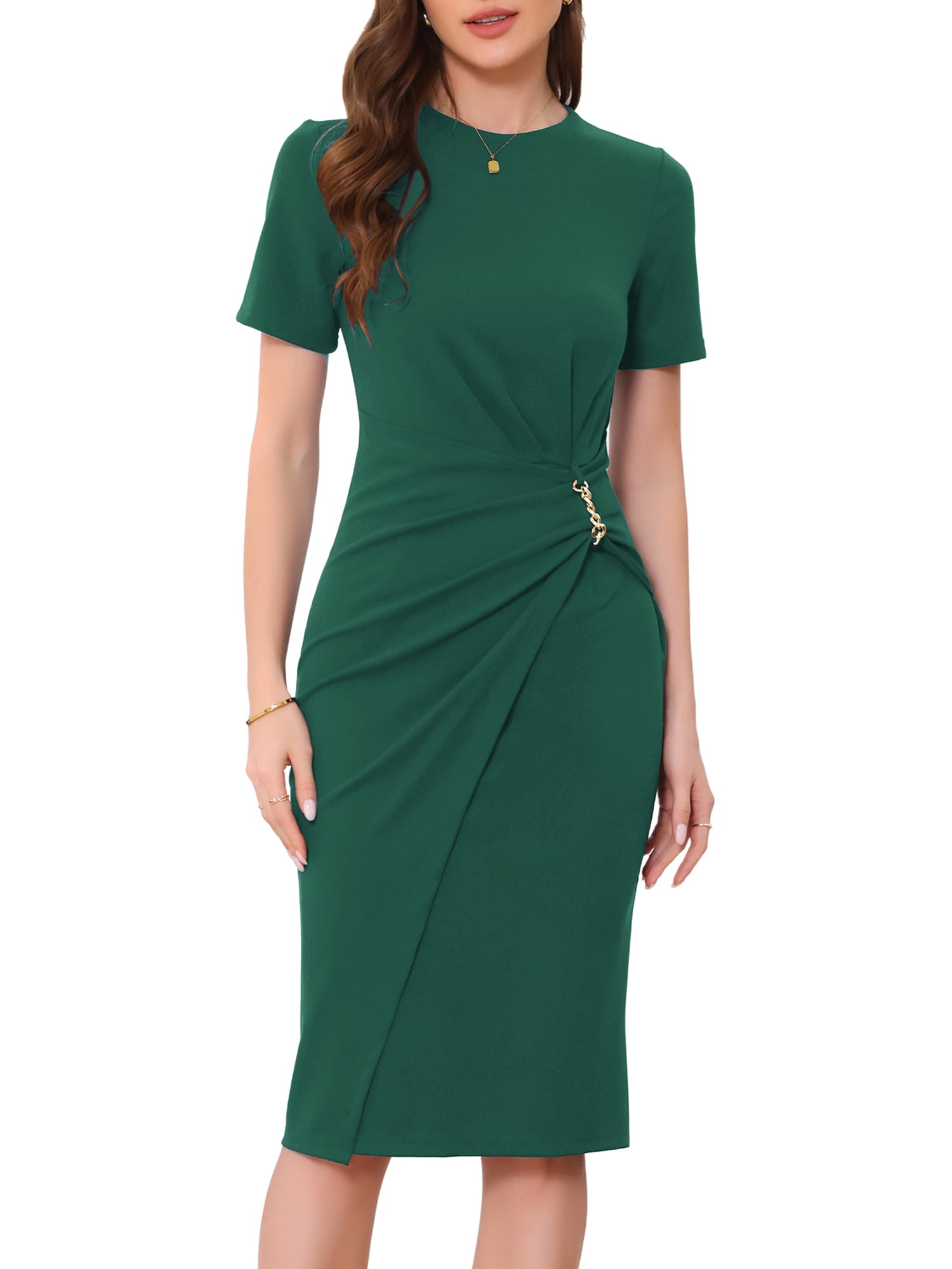 green business dresses Inspire Chic Work Dresses for Women Crew Neck Short Sleeve Business Office Sheath Wrap Dress 2026 XS Deep Green, Women's, Blue
