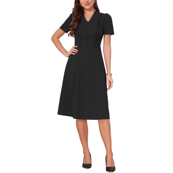 INSPIRE CHIC Work Dresses for Women Midi Length Button Decro Short Sleeve V Neck A-Line Business Casual Dresses XL Black