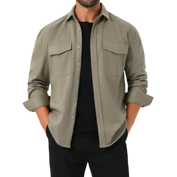INSPIRE CHIC Work Jacket for Men's Long Sleeve Button Casual Solid Color Shirt Jacket M Gray Khaki
