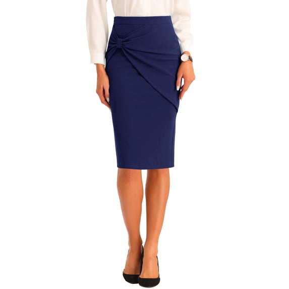 INSPIRE CHIC Women's High Waist Ruched Pencil Skirt Bow Detail Back Slit Midi Bodycon Skirt XS Dark Blue