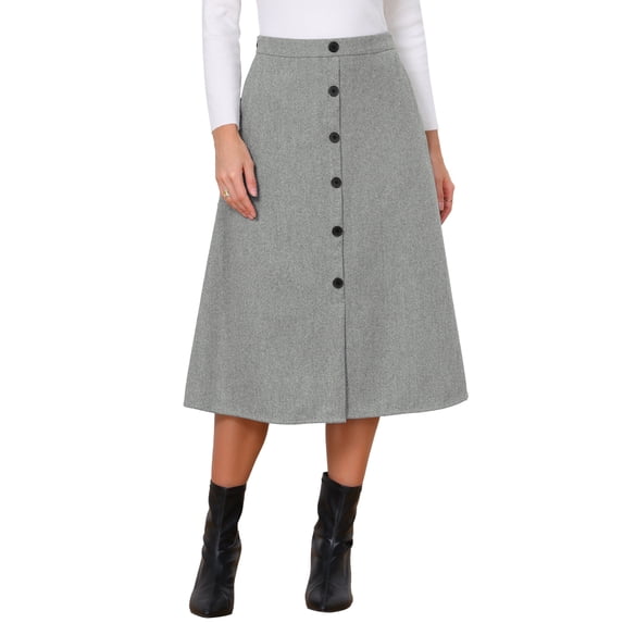 INSPIRE CHIC Work Midi Skirt for Women Button Down High Waist Fall Winter Vintage Skirts XS Grey