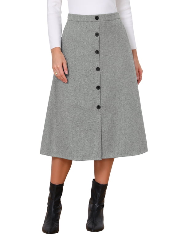 Work Midi Skirt for Women Button Down High Waist Fall Winter Vintage Skirts XS Grey