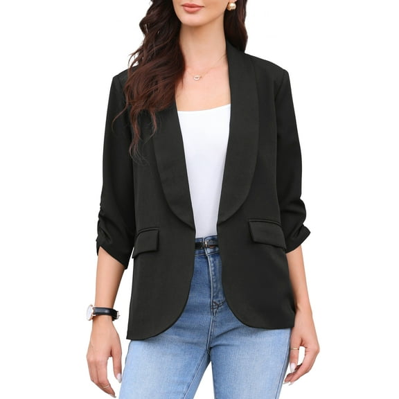 INSPIRE CHIC Work Office Blazer for Women's Shawl Collar Ruched 3/4 Sleeves Dressy Suit Blazer S Black