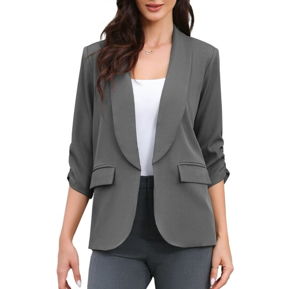 INSPIRE CHIC Work Office Blazer for Women's Shawl Collar Ruched 3/4 Sleeves Dressy Suit Blazer XL Dark Gray