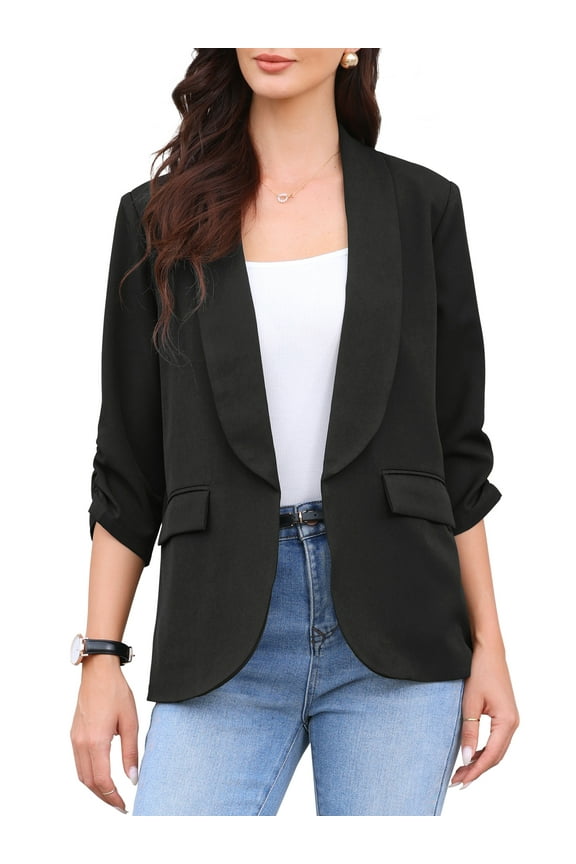 Work Office Blazer for Women's Shawl Collar Ruched 3/4 Sleeves Dressy Suit Blazer XS Black