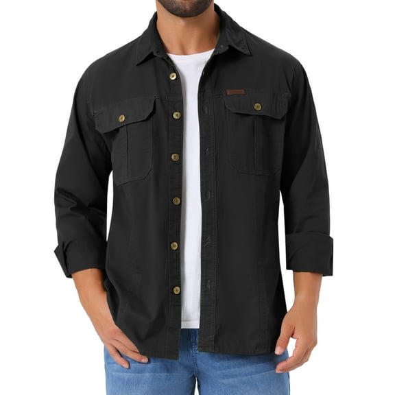 INSPIRE CHIC Men's Casual Workwear Long Sleeve Button Down Pockets Fishing Hiking Work Shirts S Black