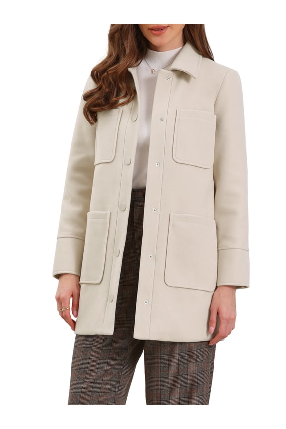 Work Short Coat for Women's Turn Down Collar Single Breasted Long Sleeve Winter Coat with Pockets L Beige