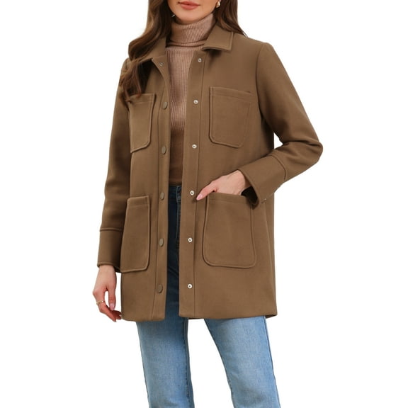 INSPIRE CHIC Work Short Coat for Women's Turn Down Collar Single Breasted Long Sleeve Winter Coat with Pockets XL Brown