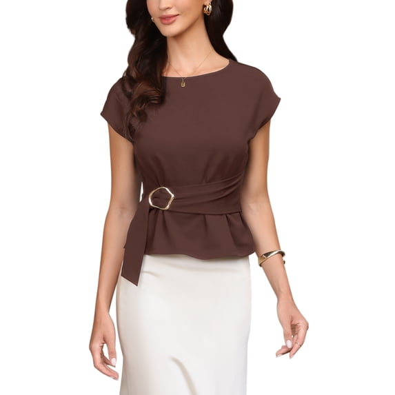 INSPIRE CHIC Work Tank Top for Women Cap Sleeve Crew Neck Business Casual Shirts with Belt XL Dark Brown