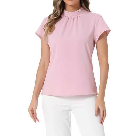 INSPIRE CHIC Work Top for Women's Stand Collar Cap Sleeve Keyhole Back Elegant Business Blouse XL Pink
