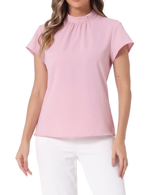 Work Top for Women's Stand Collar Cap Sleeve Keyhole Back Elegant Business Blouse XS Pink