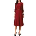 thumbnail image 1 of INSPIRE CHIC Work for Women's Keyhole Neck 3/4 Sleeve Office A-Line Dress with Belt S Wine Red, 1 of 5