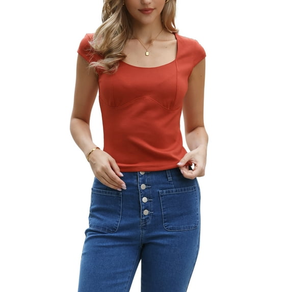 INSPIRE CHIC Y2K Crop Tops for Women's Cap Sleeve Slim Fit Tees Casual Summer Basic T-Shirts XS Burnt Orange