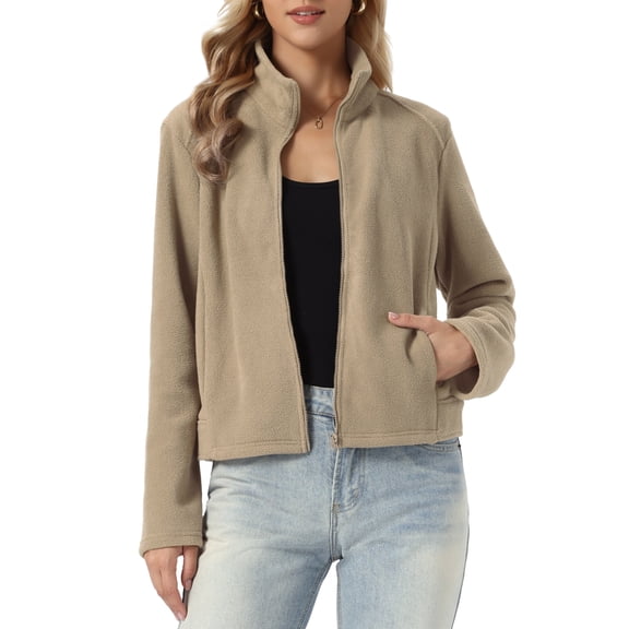 INSPIRE CHIC Zip Up Fleece Jacket for Women's Warm Long Sleeve Funnel Neck Casual Jacket with Pockets XL Khaki