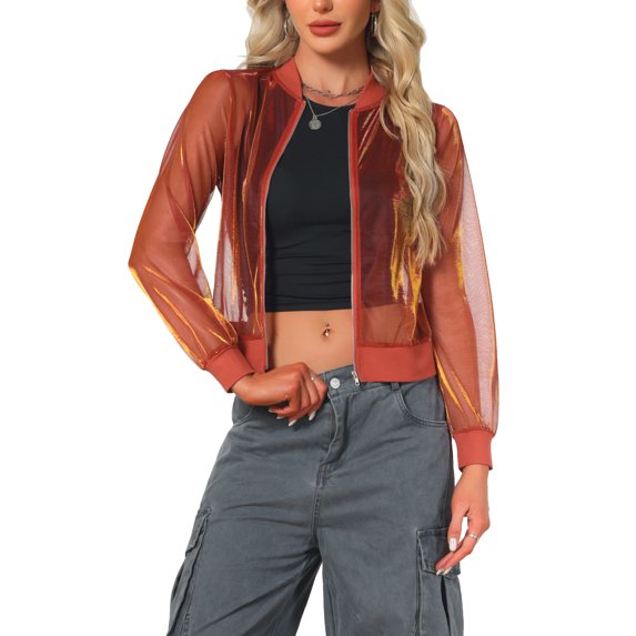 INSPIRE CHICBomber Jacket for Women's Sheer Mesh Glitter Shiny Long Sleeve Zip Up Jackets L Orange
