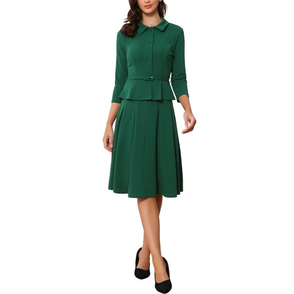 INSPIRE CHICBusiness Skirt Suit Sets for Women's 2 Piece Outfits Office 3/4 Sleeve Blazer Jacket Pleated Skirts L Dark Green