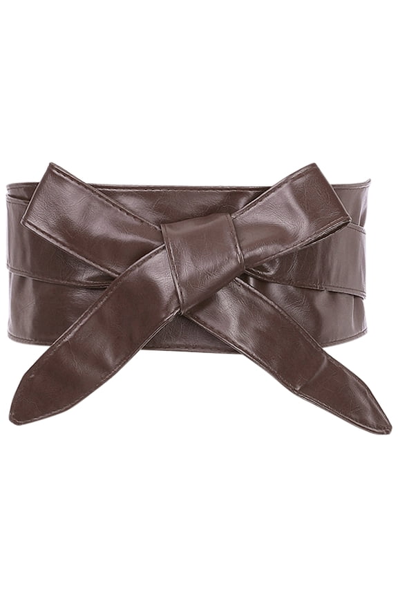 Ladies Faux Leather Self Tie Bowknot Wide Waist Band Sash Obi Belt for Dresses 86.6x3.3" Coffee