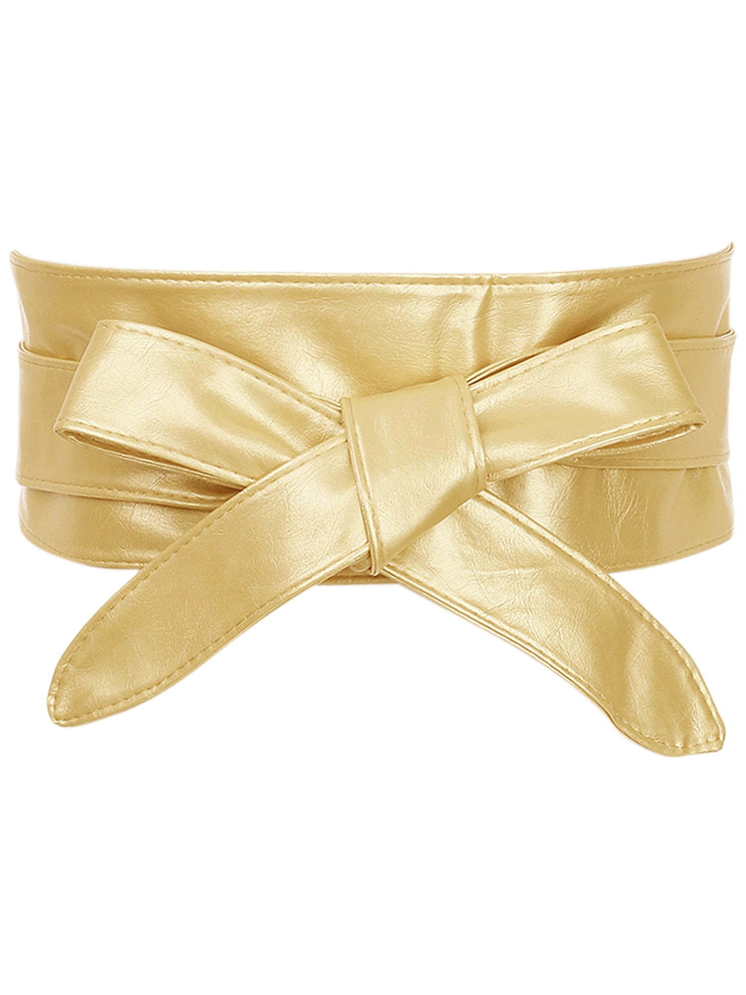 Inspire CHICLadies Faux Leather Self Tie Bowknot Wide Waist Band Sash Obi Belt for Dresses 86.6x3.3" Gold
