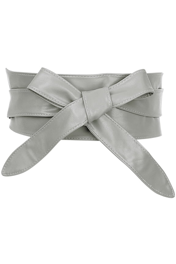 Ladies Faux Leather Self Tie Bowknot Wide Waist Band Sash Obi Belt for Dresses 86.6x3.3" Gray