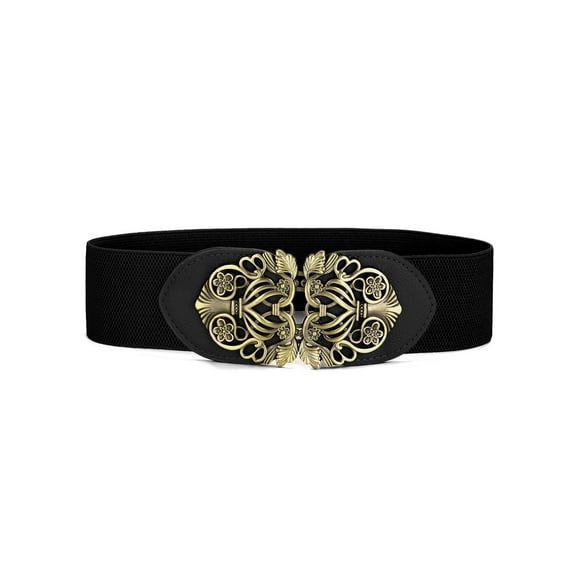 INSPIRE CHICRetro Knot Woven Metal Interlocking Buckle Elastic Waist Cinch Belt Band Floral Buckle-Black Band-Bronze Buckle 29"-41"