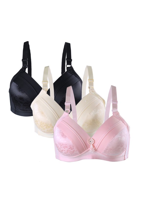 Women Comfortable Soft Stretchy Basic Full Coverage Wirefree Non-Wired Everyday Bra 3 Pcs Black+Cream+ Pink -Stripe 42/95 Fit 38B 38C