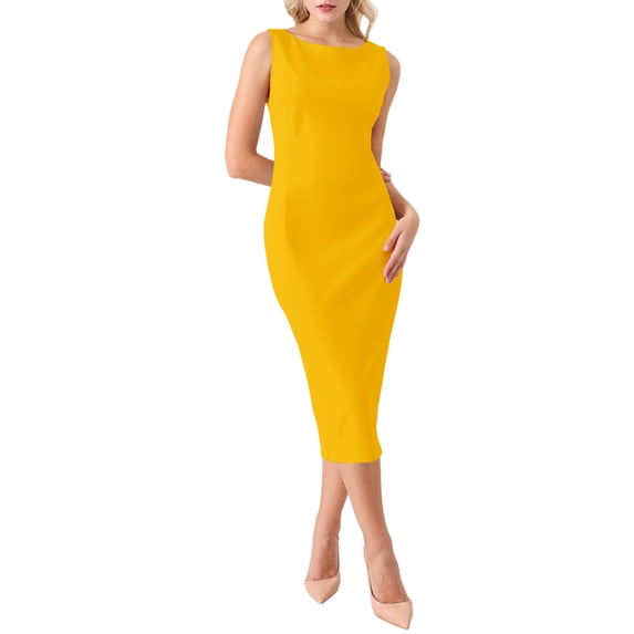 INSPIRE CHIC Women's Boat Neck Sleeveless Midi Formal Dress L Yellow