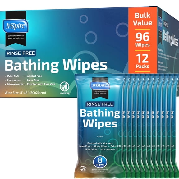 INSPIRE Thick Rinse Free Adults Bathing Wipes- Wet Wipes Thick Strong XL With Aloe, 12 Pack